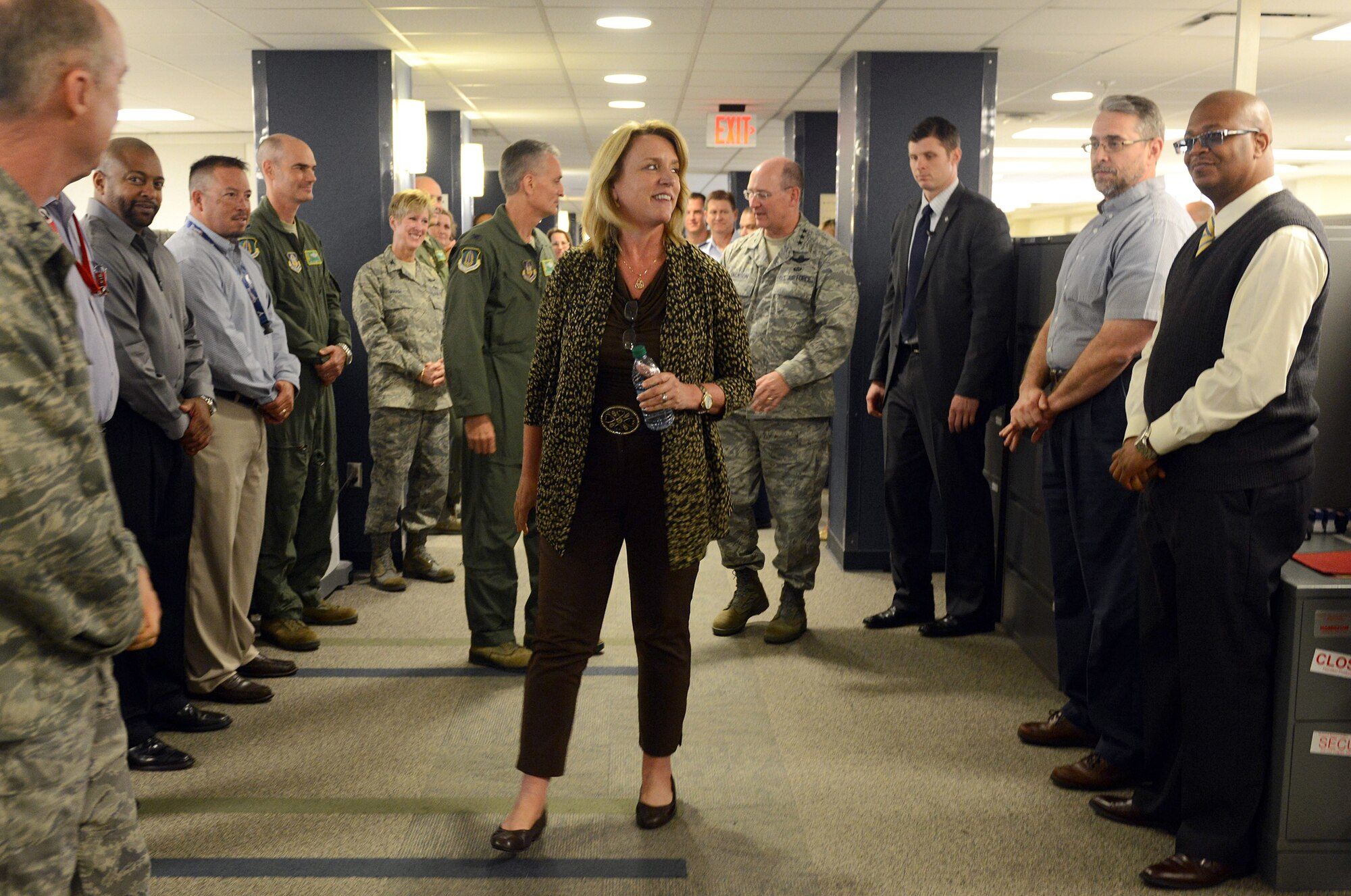 Secretary of the Air Force Deborah Lee James meets with Air Force Reserve Command civilian and military personnel during a tour of the Force Generation Center in Bldg. 210 at Robins Air Force Base, Georgia, Aug. 21, 2014. As Reserve Command’s single point of fusion for Air Force Reserve capability, the FGC provides a standardized approach to managing, mobilizing and generating the more than 70,000 Airmen of the Reserve. (U.S. Air Force photo/Tommie Horton) 