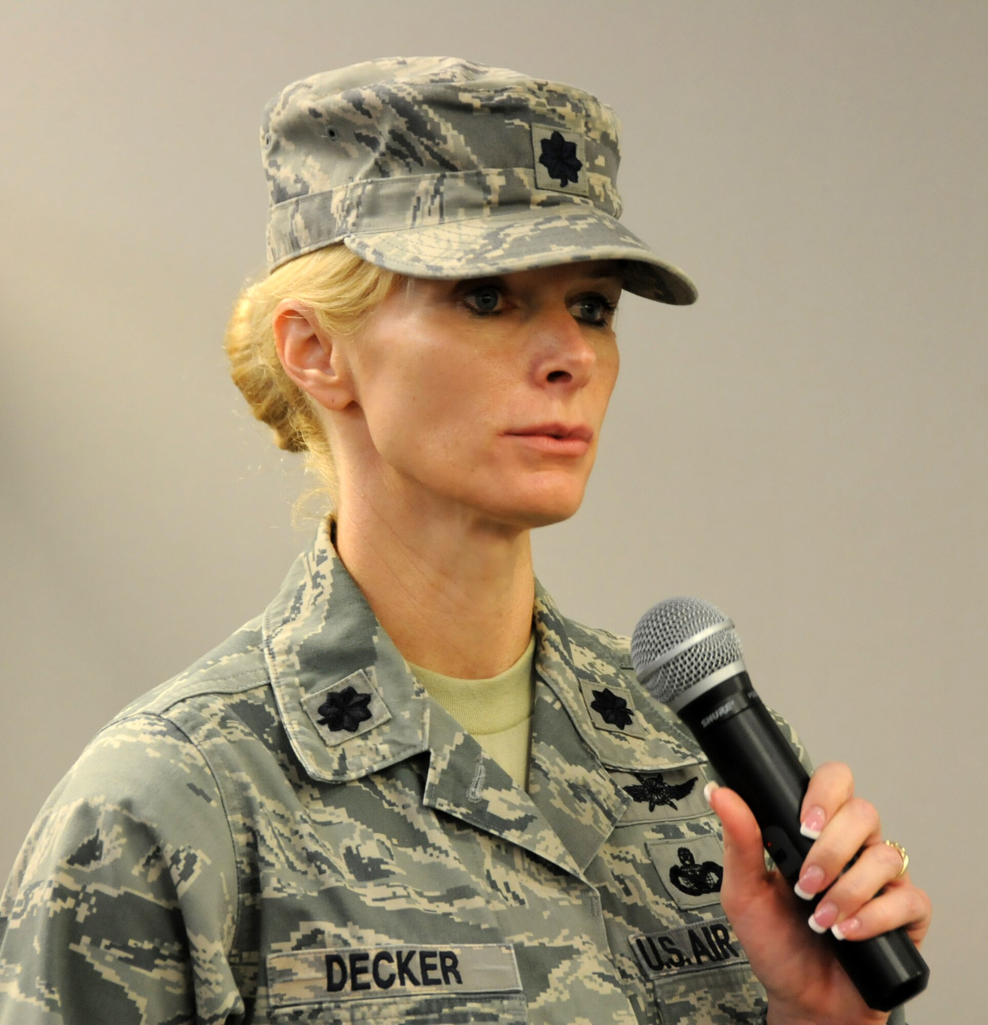 U.S. Air Force Lt. Col. Mary Decker, 192nd Support Squadron Commander, addresses the men and women of the 192nd Mission Support Group after assuming command at Langley Air Force Base, Va., July 12, 2014. (U.S. Air National Guard photo by Master Sgt. Carlos J. Claudio/Released)