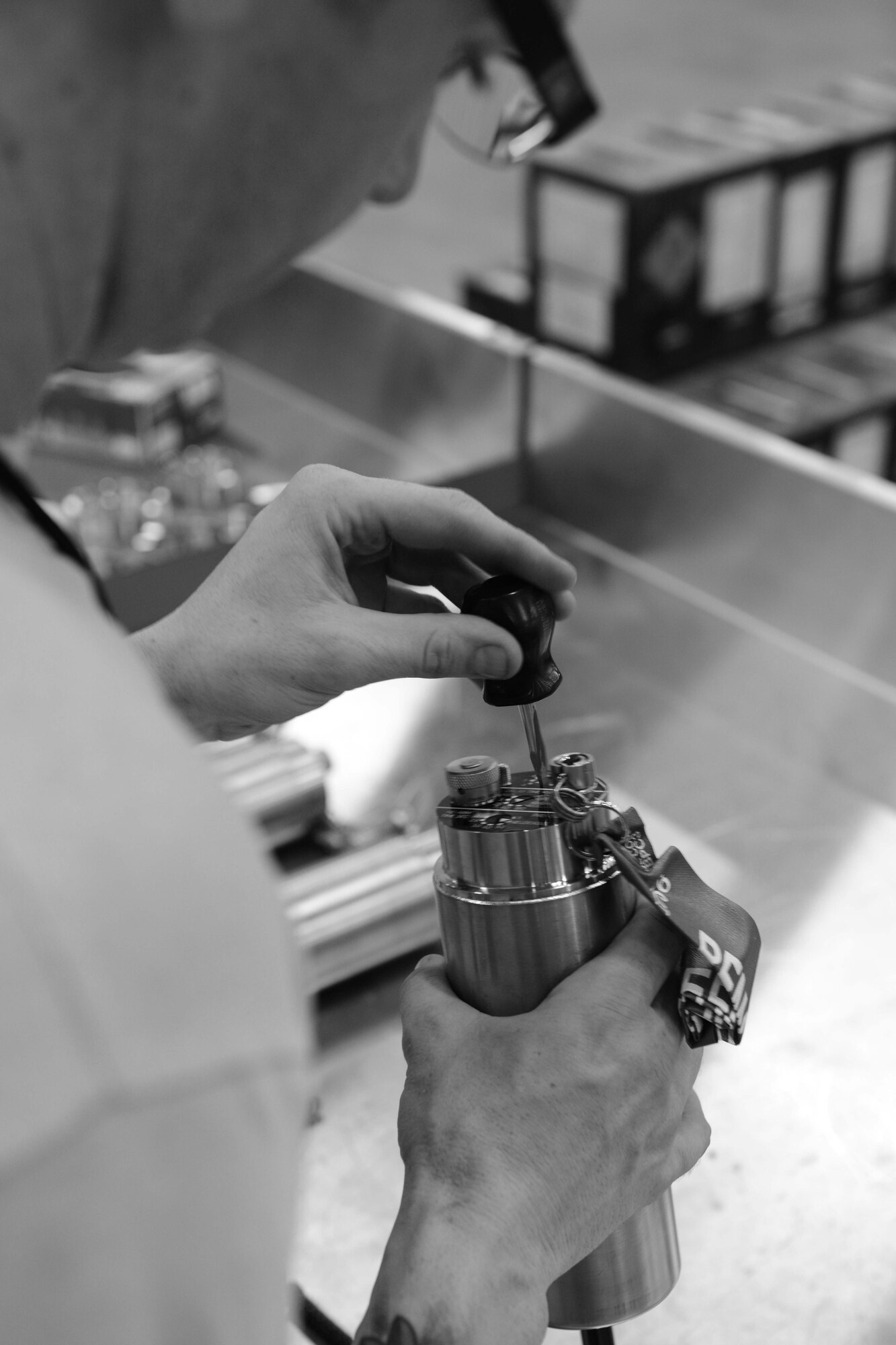 U.S. Air Force Staff Sgt. William Andrus, 379th Expeditionary Maintenance Squadron munitions inspector, checks pins on a fuse munitions unit at Al Udeid Air Base, Qatar, Aug. 20, 2014. Andrus is responsible for checking and ensuring the serviceability of the FMU is functional for use when building guided bomb units. He is deployed from Dyess Air Force Base, Texas and hails from Phoenix. (U.S. Air Force photo by Staff Sgt. Ciara Wymbs) 