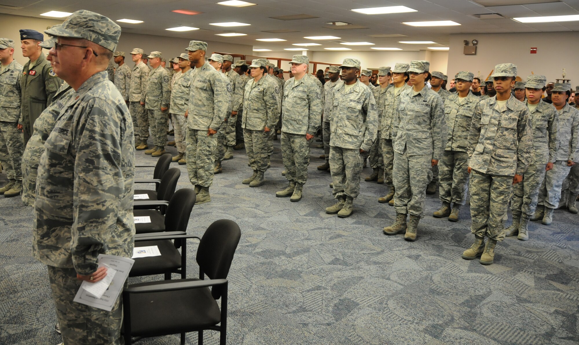 Members of the 192nd Mission Support Group stand at attention during a change of command ceremony at Langley Air Force Base, Va., July 12, 2014. (U.S. Air National Guard photo by Master Sgt. Carlos J. Claudio/Released)