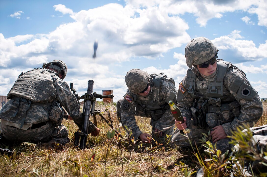 Soldiers fire the M224 60mm lightweight mortar at Grayling Air Range during Operation Northern Strike 2014 near Grayling, Mich., Aug. 13, 2014.