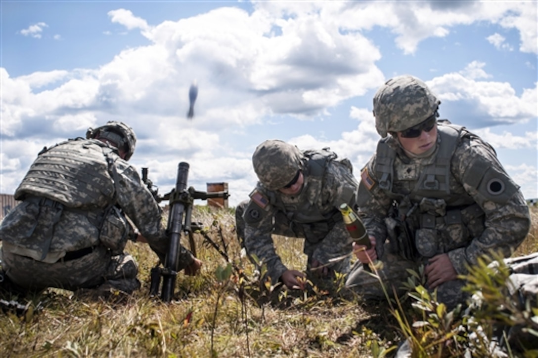 Soldiers fire the M224 60mm lightweight mortar at Grayling Air Range during Operation Northern Strike 2014 near Grayling, Mich., Aug. 13, 2014. 