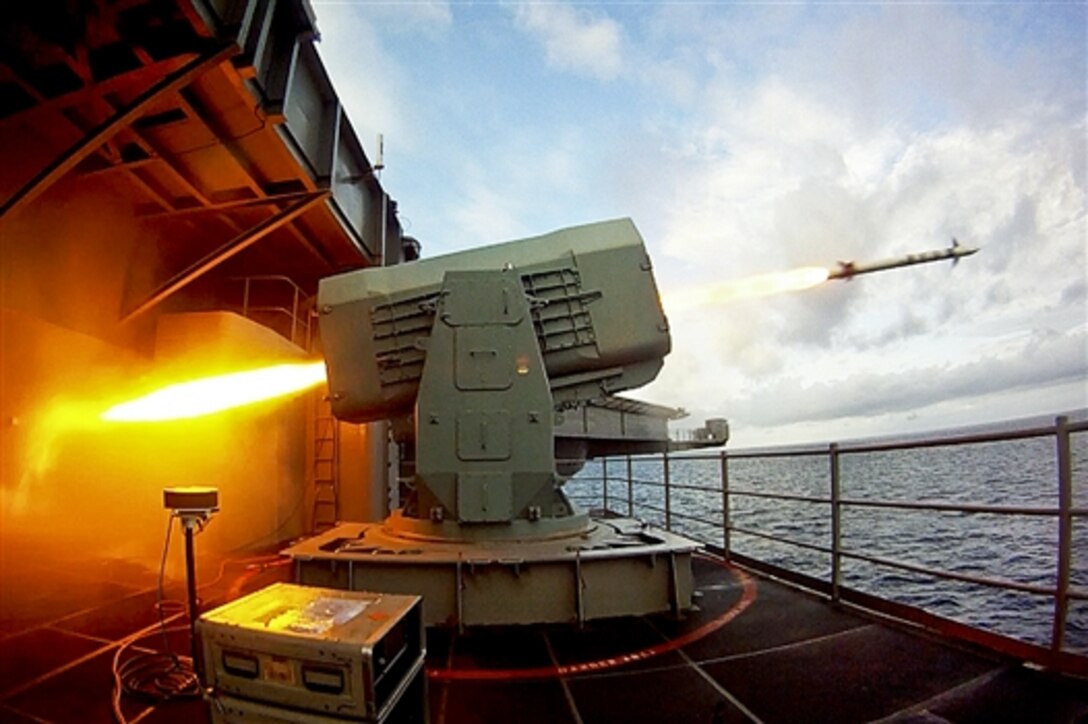 The aircraft carrier USS Theodore Roosevelt launches a rolling airframe missile in the Atlantic Ocean, Aug. 19, 2014. The test focused on its combat readiness and its ability to defend against anti-ship cruise missiles and other asymmetric threats. 