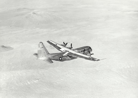 Archived photo of the YC-130 Hercules during its ferry flight from Burbank, Calif. to Edwards Air Force Base, Calif. August 23, 1954. The C-130 is still in production today, making it the longest running military aircraft production line in history. (U.S. Air Force photo)
