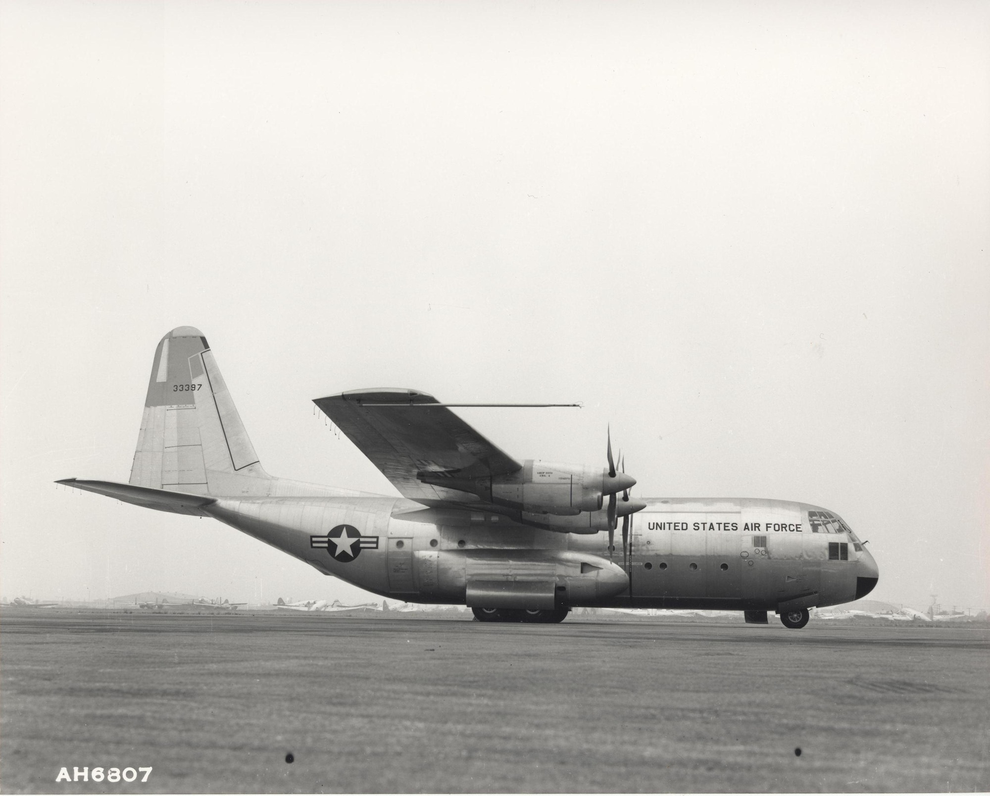 Archived photo of the YC-130 Hercules during its ferry flight from Burbank, Calif. to Edwards Air Force Base, Calif. August 23, 1954. The C-130 is still in production today, making it the longest running military aircraft production line in history. (U.S. Air Force photo)