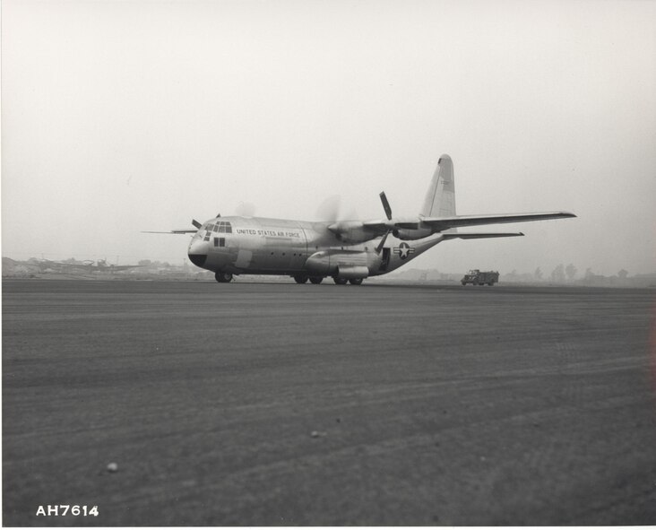 Archived photo of the YC-130 Hercules during its ferry flight from Burbank, Calif. to Edwards Air Force Base, Calif. August 23, 1954. The C-130 is still in production today, making it the longest running military aircraft production line in history. (U.S. Air Force photo)