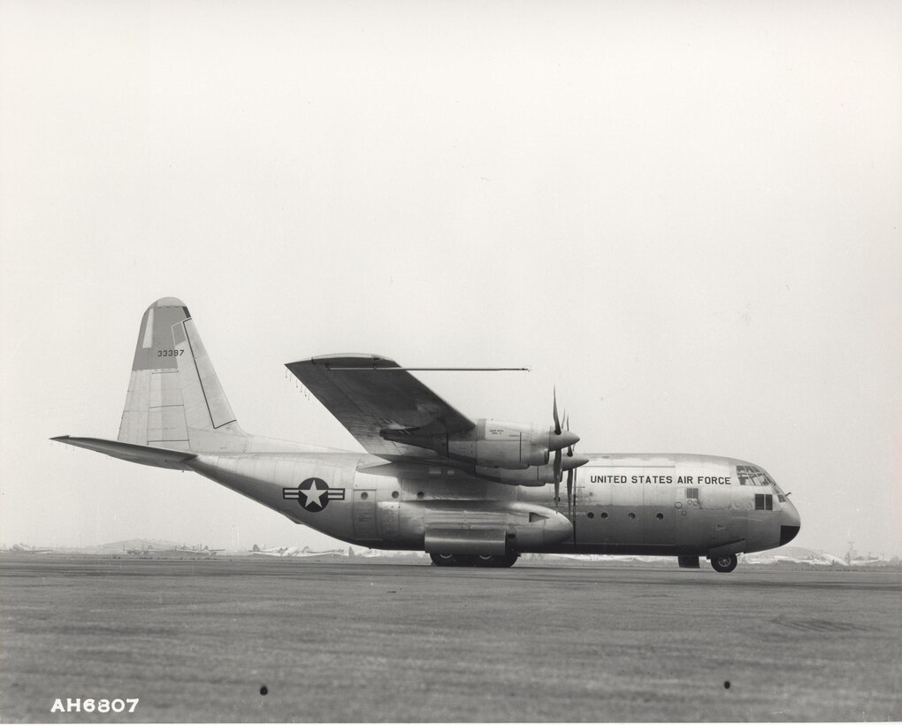 Archive photo of the YC-130 Hercules during its maiden flight from Burbank to Edwards Air Force Base, California, Aug. 23, 1954. The need for the C-130 came from the Air Force’s Tactical Air Command during 1951 to fill a void for medium-cargo tactical transport. The C-130 is still in production today, making it the longest running military aircraft production line in history. For much of its operational history, the C-130 and its variants have been a critical aeromedical evacuation platform for the U.S. Air Force, safely moving patients long distances and allowing AE crews to deliver care in the air. (U.S. Air Force photo)