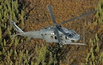 An Alaska Air National Guard HH-60 Pave Hawk helicopter from the 210th Rescue Squadron flies on a training flight in south central Alaska. The hoist capabilities of the Pave Hawk helicopters provide the rescue assets with the ability to conduct rescue missions in rugged terrain. 