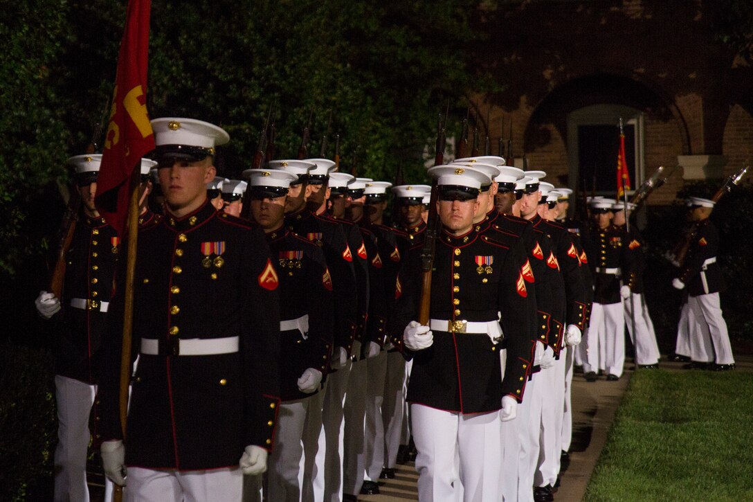 Company B from Marine Barracks Washington, D.C., performs during a Friday Evening Parade at the Barracks, Aug. 22, 2014. (Official Marine Corps photo by Cpl. Dan Hosack/Released)