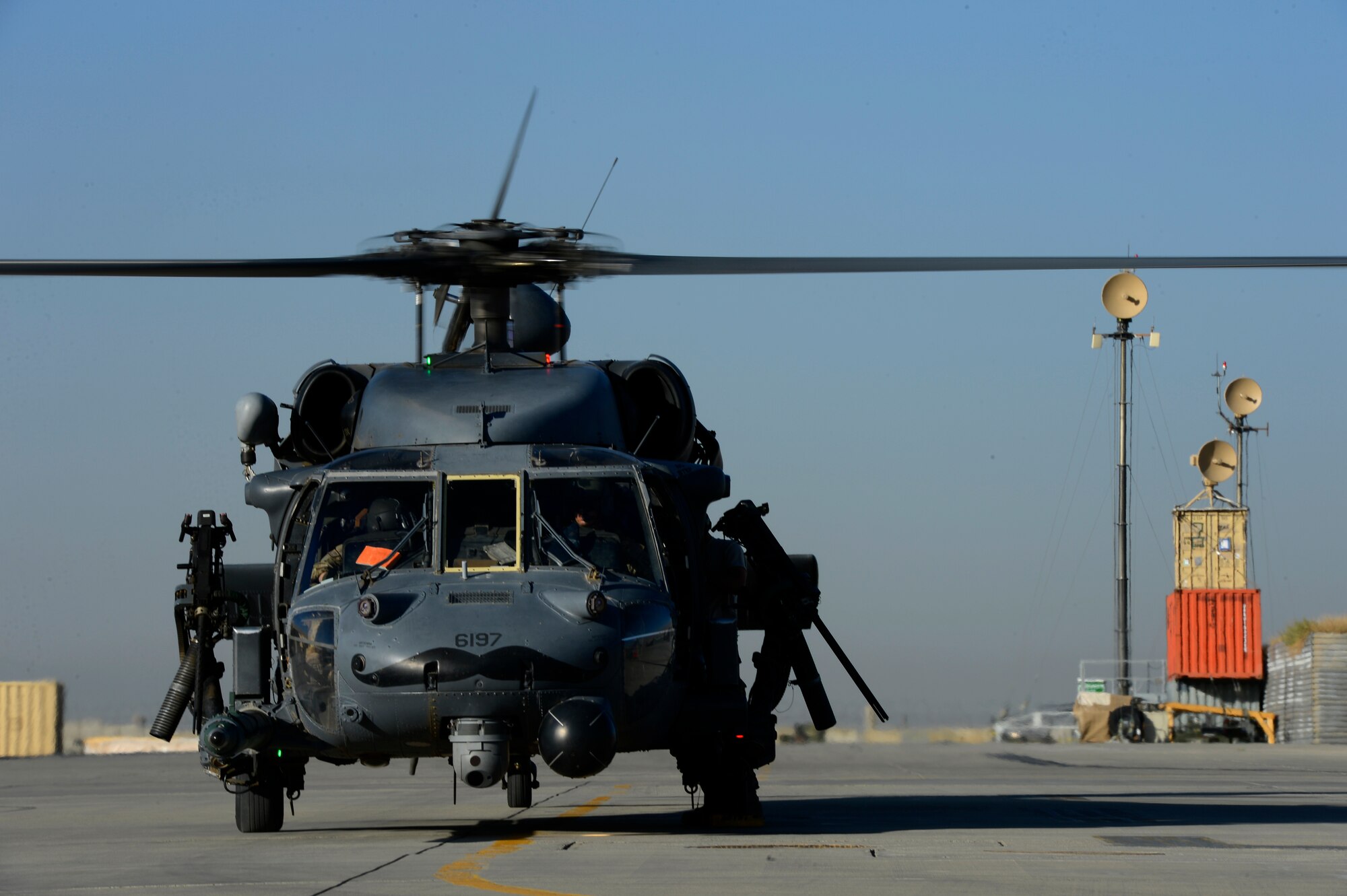 Maj. Lee Boedeker and 1st Lt. Keoki Kimzin, 83rd Expeditionary Rescue Squadron HH-60 Pave Hawk pilots, taxi in after performing mission rehearsals at Bagram Air Field, Afghanistan. Boedeker is a Tulsa, Okla. native and Kimzin is a Glendale, Ariz. native deployed from the 563rd Rescue Group, Davis-Monthan Air Force Base, Ariz. (U.S. Air Force photo by Senior Airman Sandra Welch)