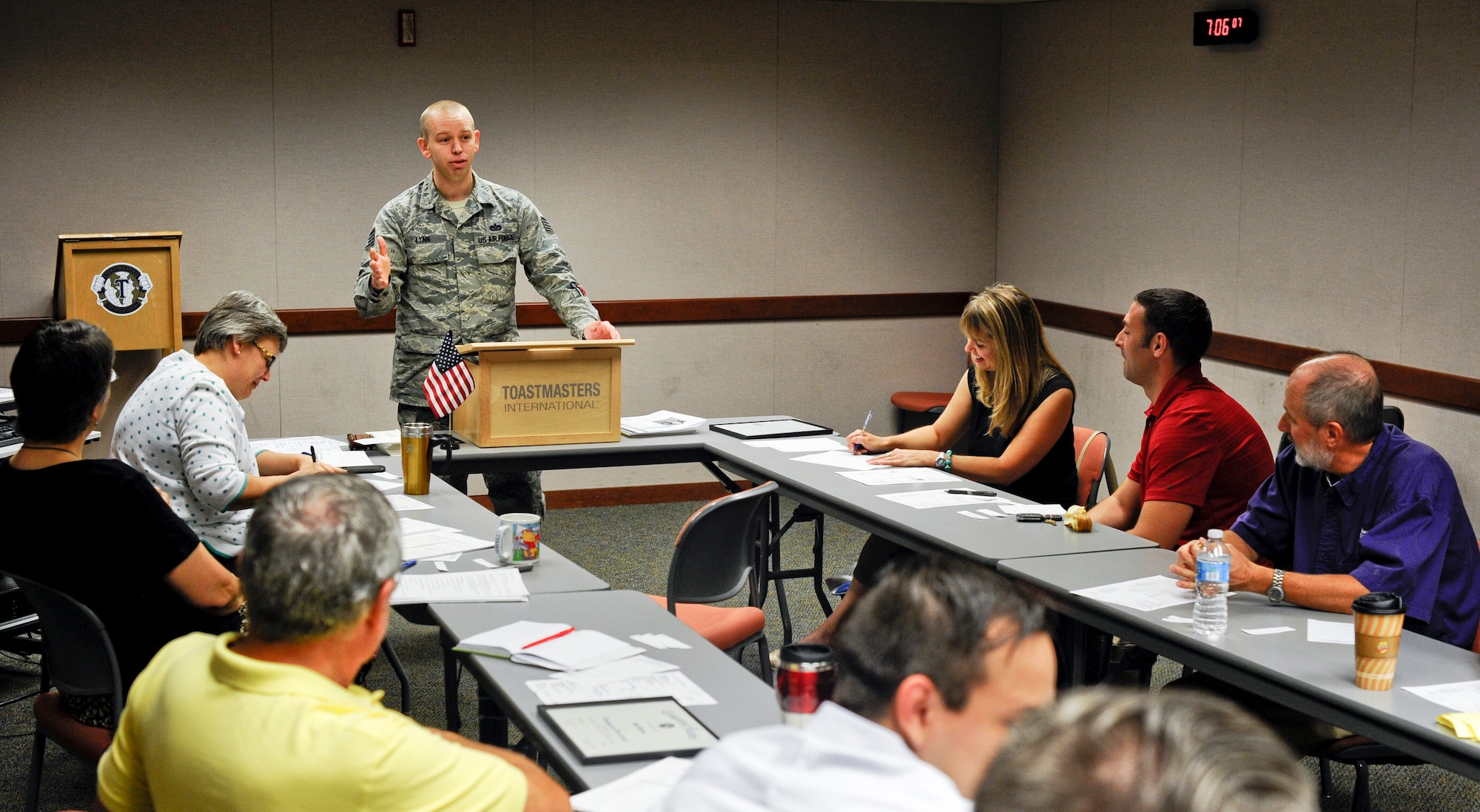 Staff Sgt. Ryan Lynn, 22nd Civil Engineer Squadron construction management NCO in charge, delivers an improvised speech to members of Toastmasters International, Aug. 19, 2014, in Wichita, Kan. Lynn attends a Toastmasters club on a weekly basis to improve his communication skills. (U.S. Air Force photo/Airman 1st Class John Linzmeier)