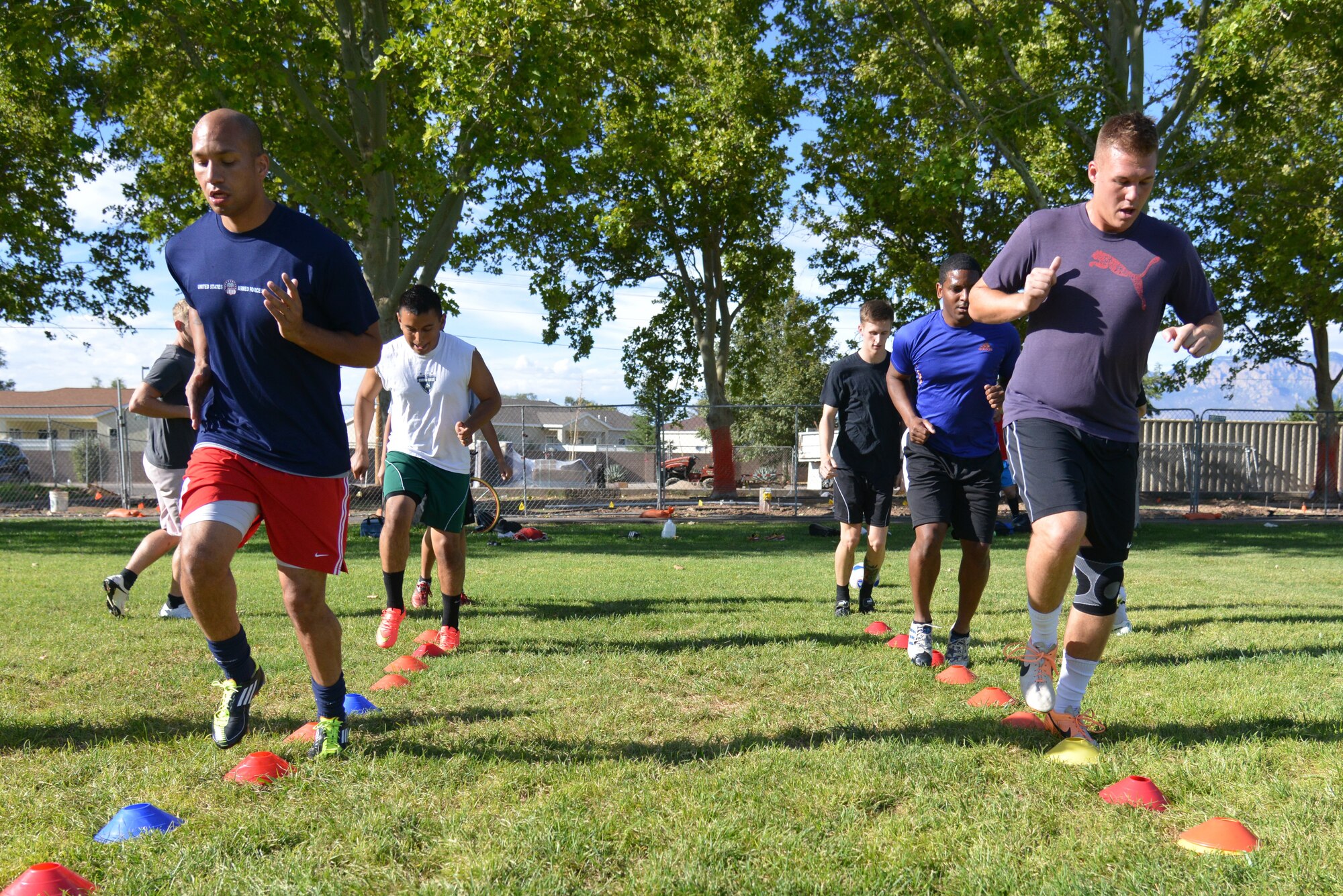 The Kirtland varsity soccer team performs drills during its final practice before heading to San Antonio Labor Day weekend to defend its championship title at the Defenders Cup. (Photo by Ken Moore)
