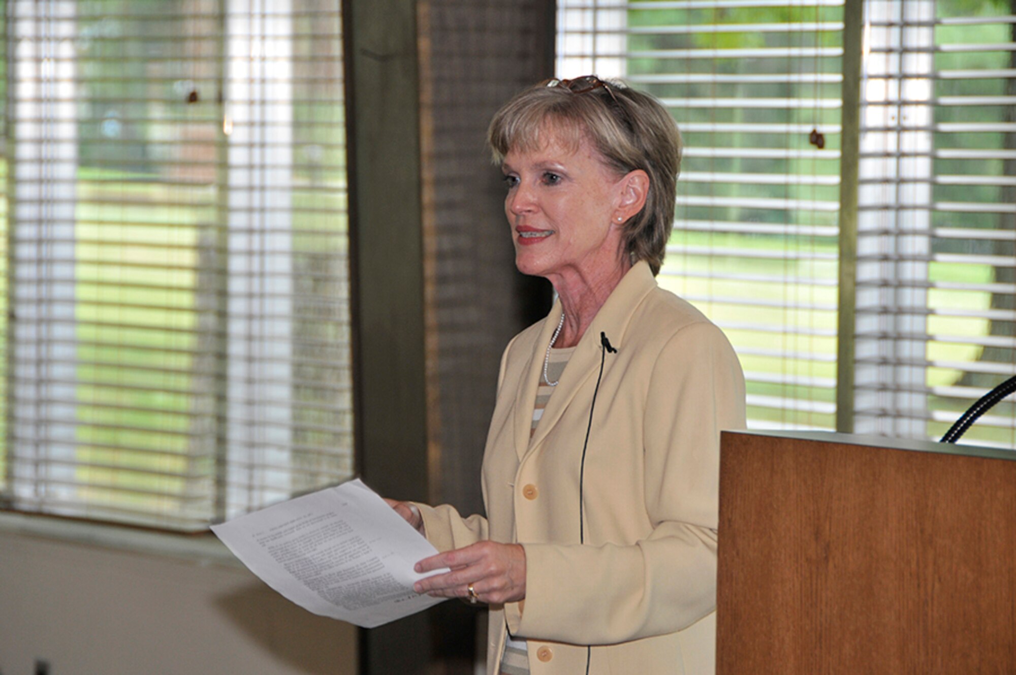 Amy Foster, the director of the Arnold Engineering Development Complex (AEDC) Contracting Execution Division, delivers her “Be the One” speech to the Women’s Equality Day Luncheon attendees on Aug. 6. Foster is the first Air Force female civilian at AEDC to be appointed as a two-letter director. (Photo by Jacqueline Cowan)