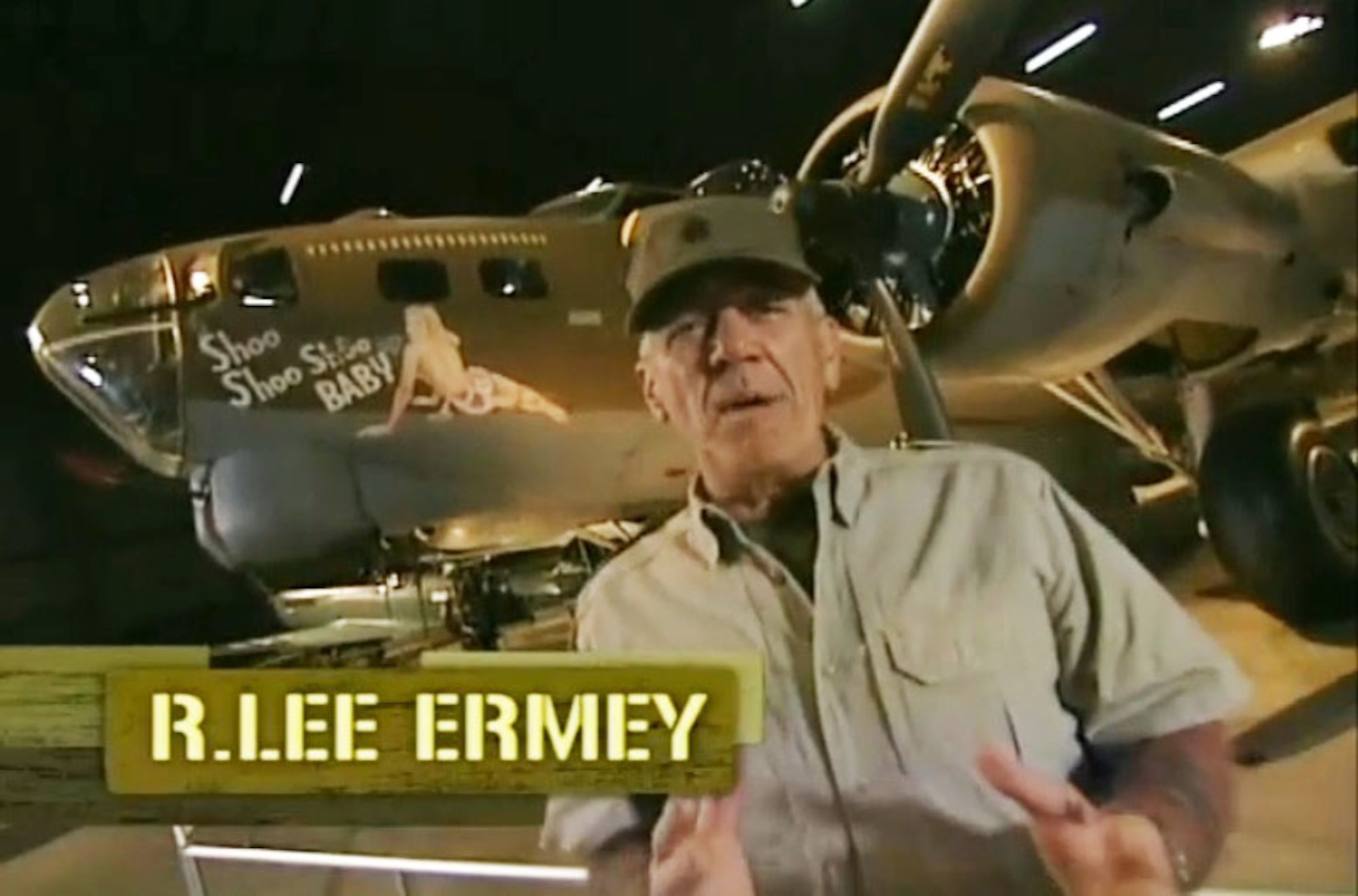 DAYTON, Ohio -- Actor R. Lee Ermey filmed segments for “Mail Call” at the museum. Here, he highlights the B-17 "Shoo Shoo Shoo Baby" in the museum’s World War II Gallery. (History Channel image)