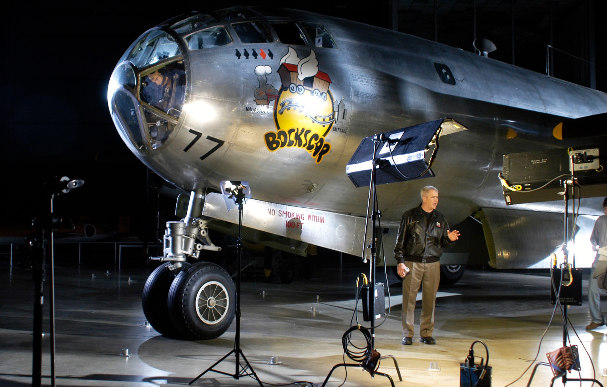 DAYTON, Ohio -- Television host Oliver North filmed episodes for “War Stories with Oliver North” at the museum on several occasions, including this one featuring the B-29 "Bockscar" in 2007. (U.S. Air Force photo)