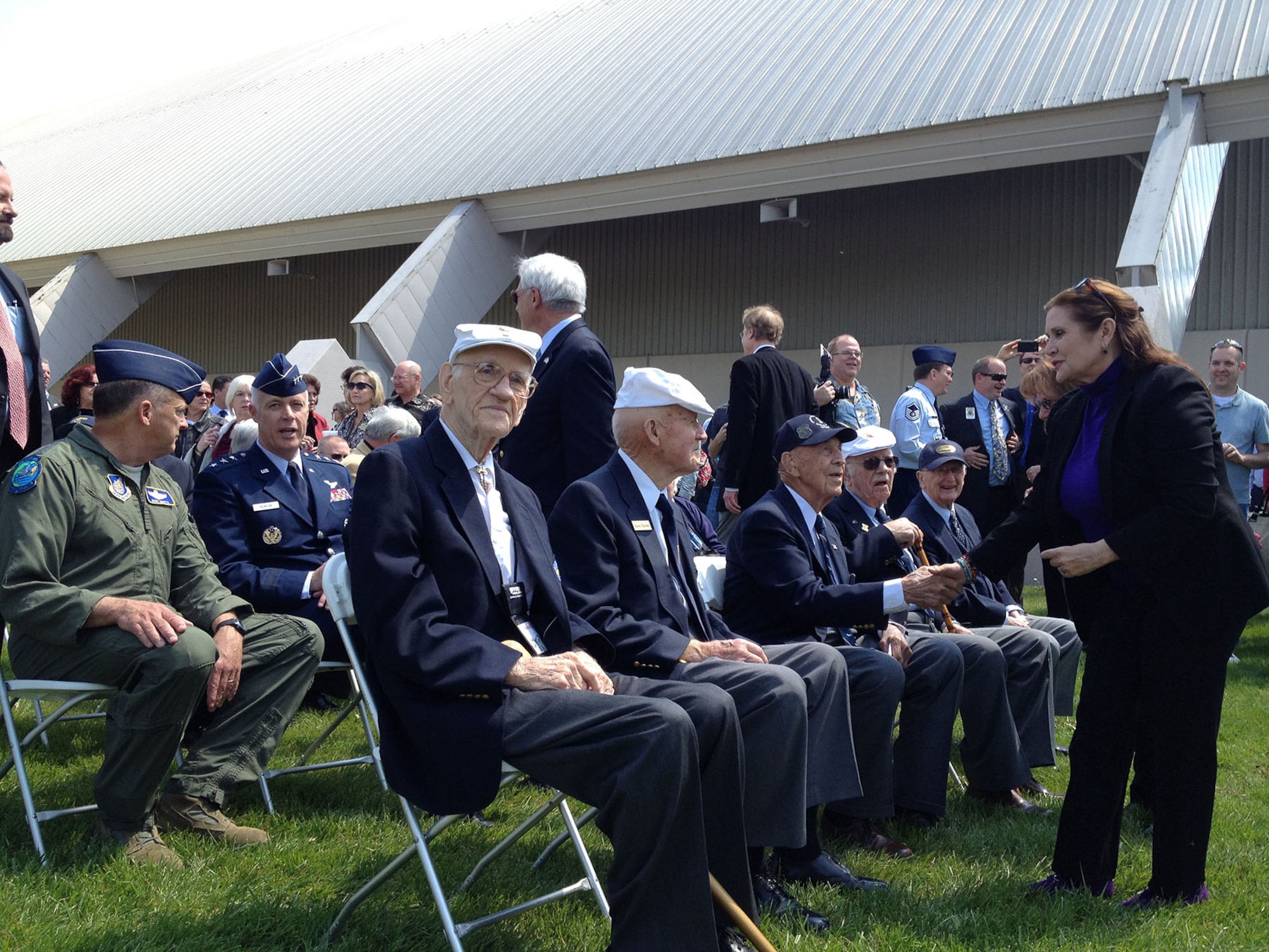 DAYTON, Ohio -- Actress Carrie Fisher stopped by the Doolittle Tokyo Raiders’ 2012 Reunion to thank the World War II military heroes for their service. (U.S. Air Force photo)