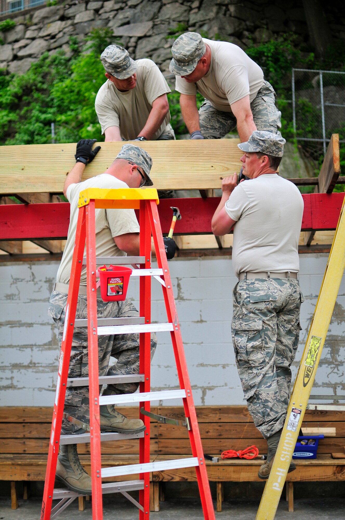 Members of the 134th Air Refueling Wing's Civil Engineer Squadron put their skills to work to construct a new building at the U.S. Coast Guard Academy, New London, Conn. during a DFT.  Collaborations such as this between sister services is a win-win for all.  (U.S. Air National Guard photo by Staff Sgt. Ben Mellon, 134 ARW Public Affairs)