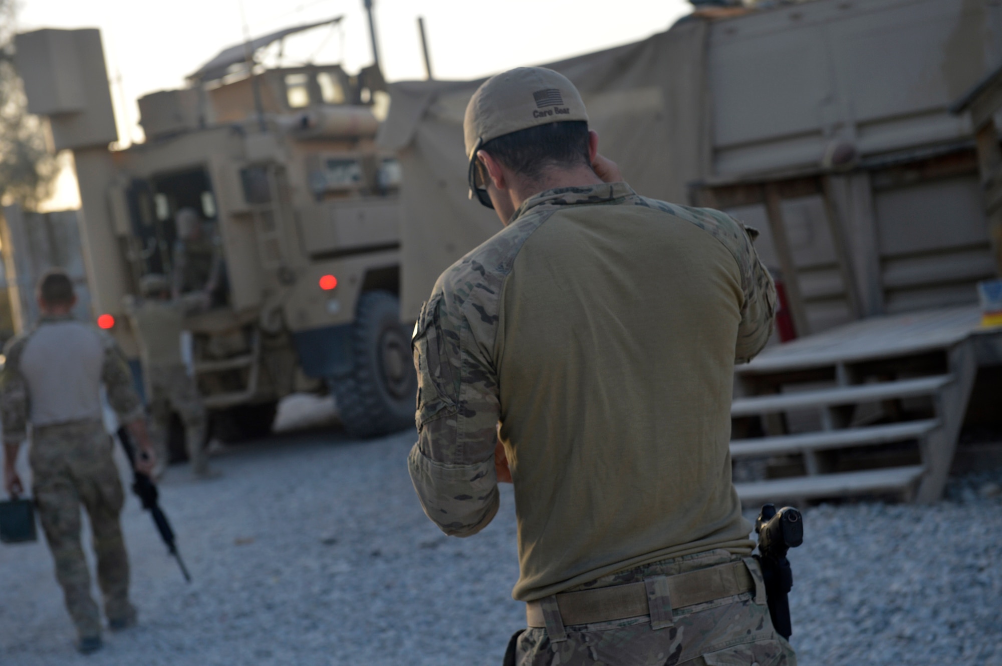 A U.S. Air Force Airmen from the 466th Operating Location Bravo Explosive Ordnance Disposal flight prepares to leave for his final mission at Kandahar Airfield, Afghanistan Aug. 19, 2014.  After ten years, the unit completed its final mission in Afghanistan.  A combined twenty flight rotations have completed more than 10,000 missions in support of Operation Enduring Freedom.   (U.S. Air Force photo by Staff Sgt. Evelyn Chavez/Released)