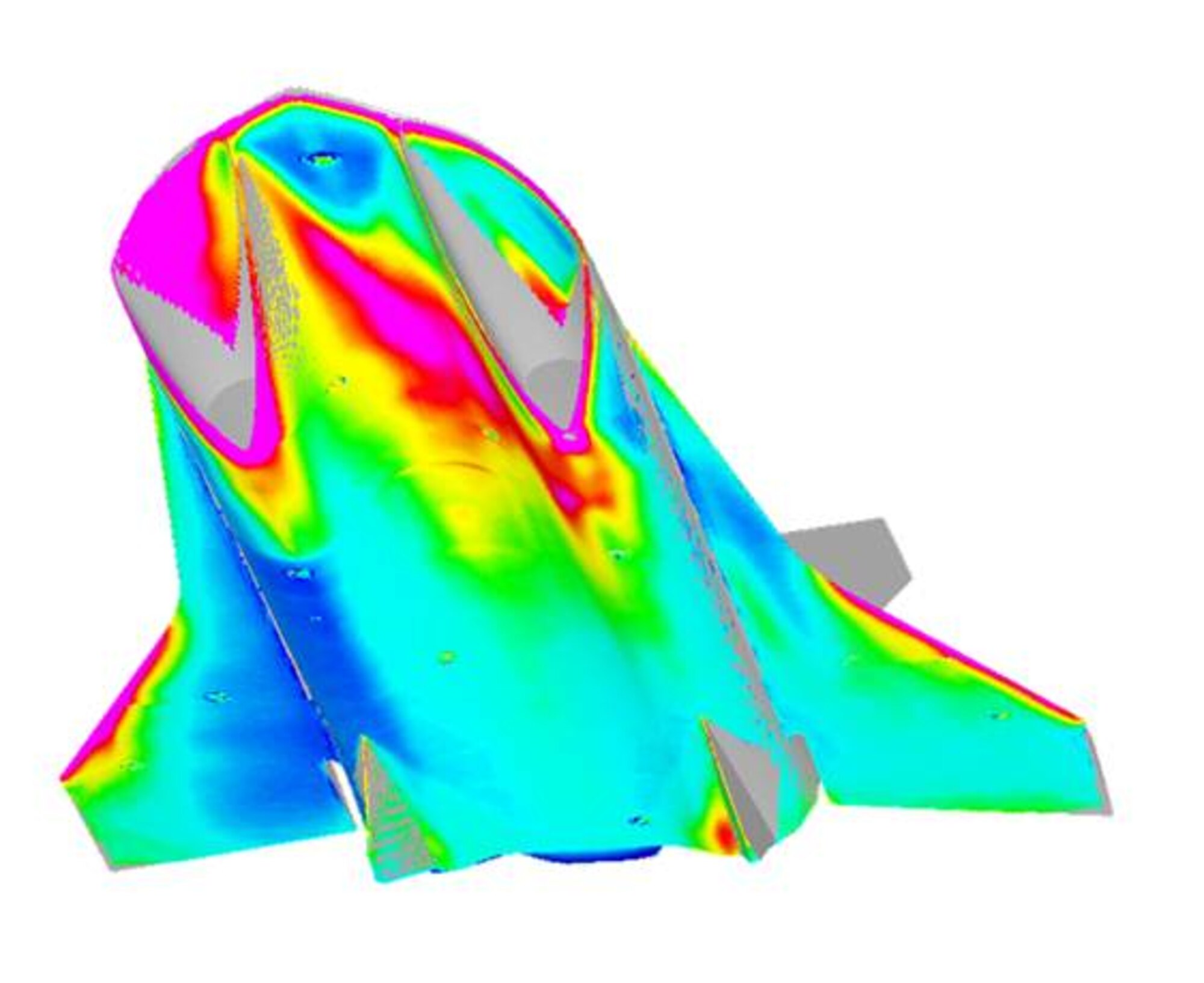 The first image shows the global heating data acquired on the windward surface of the vehicle during a continuous pitch sweep with both inlets started. In the second image the color changes represent the global heating data acquired on the windward surface of the vehicle during a continuous pitch sweep with the starboard inlet unstarted.