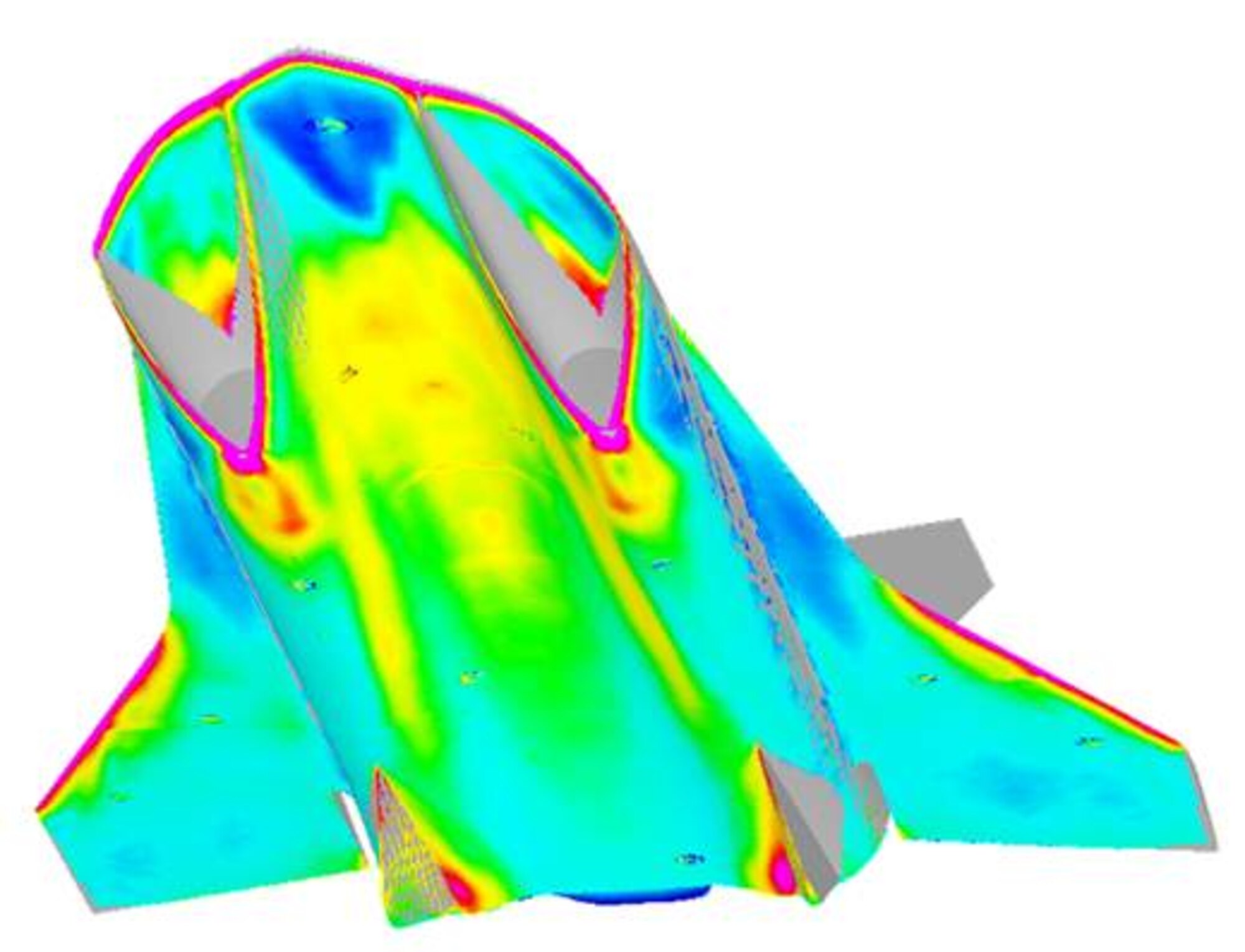 The first image shows the global heating data acquired on the windward surface of the vehicle during a continuous pitch sweep with both inlets started. In the second image the color changes represent the global heating data acquired on the windward surface of the vehicle during a continuous pitch sweep with the starboard inlet unstarted.