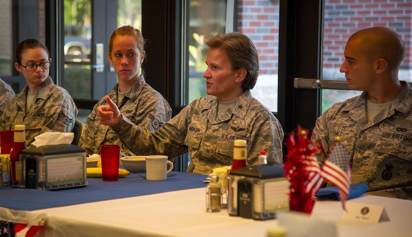 Brig. Gen.  Martha Meeker talks with Joint Base Charleston Airmen Aug. 21, 2014, at the Gaylor Dining Facility on JB Charleston, S.C. Meeker was the 628th Air Base Wing commander from January 2010 to July 2011 and has been the vice commander of the U.S. Air Force Expeditionary Center from July 2012 to present. (U.S. Air Force photo/Airman 1st Class Clayton Cupit)