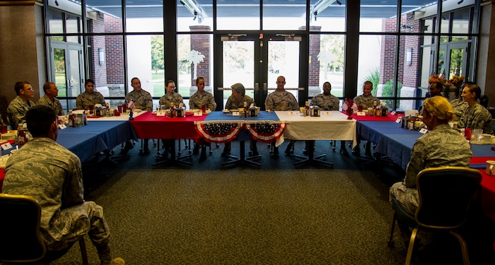Brig. Gen.  Martha Meeker talks with Joint Base Charleston Airmen Aug. 21, 2014, at the Gaylor Dining Facility on JB Charleston, S.C. Meeker was the 628th Air Base Wing commander from January 2010 to July 2011 and has been the vice commander of the U.S. Air Force Expeditionary Center from July 2012 to present. (U.S. Air Force photo/Airman 1st Class Clayton Cupit)