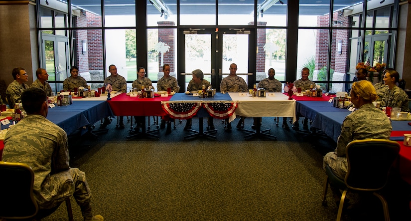 Brig. Gen.  Martha Meeker talks with Joint Base Charleston Airmen Aug. 21, 2014, at the Gaylor Dining Facility on JB Charleston, S.C. Meeker was the 628th Air Base Wing commander from January 2010 to July 2011 and has been the vice commander of the U.S. Air Force Expeditionary Center from July 2012 to present. (U.S. Air Force photo/Airman 1st Class Clayton Cupit)