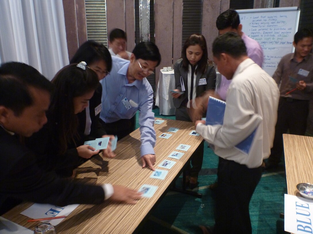 Work group members sort through an interactive flood response timeline. 