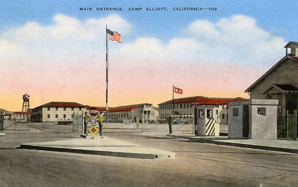 Postcard depicting main entrance to Camp Elliott, California.