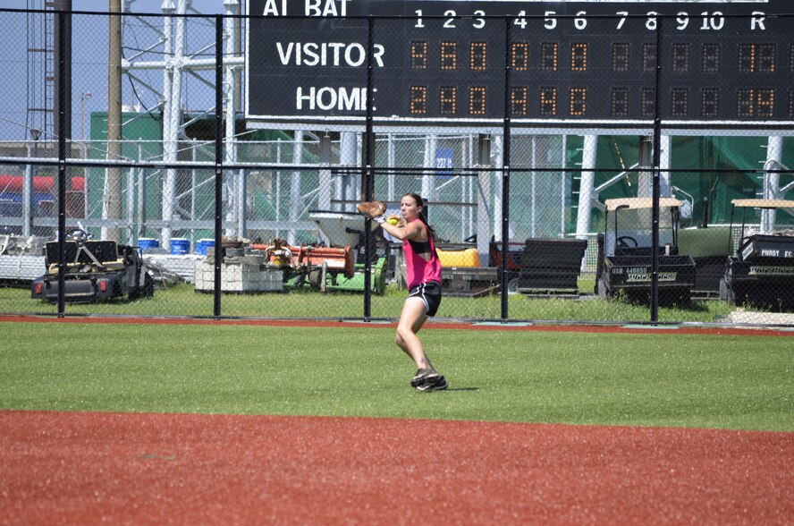 1st Lt. Shauna Barry, left-center fielder for the Yokota Lady Warriors, throws in a ball during a game on Aug. 16, 2014, at Yokosuka Naval Base, Japan. Barry was selected to compete against 26 other Airmen for a spot on the All-Air Force team at tryout camp. ( U.S. Air Force photo by Tech. Sgt. Gregory Hochgesang/released)