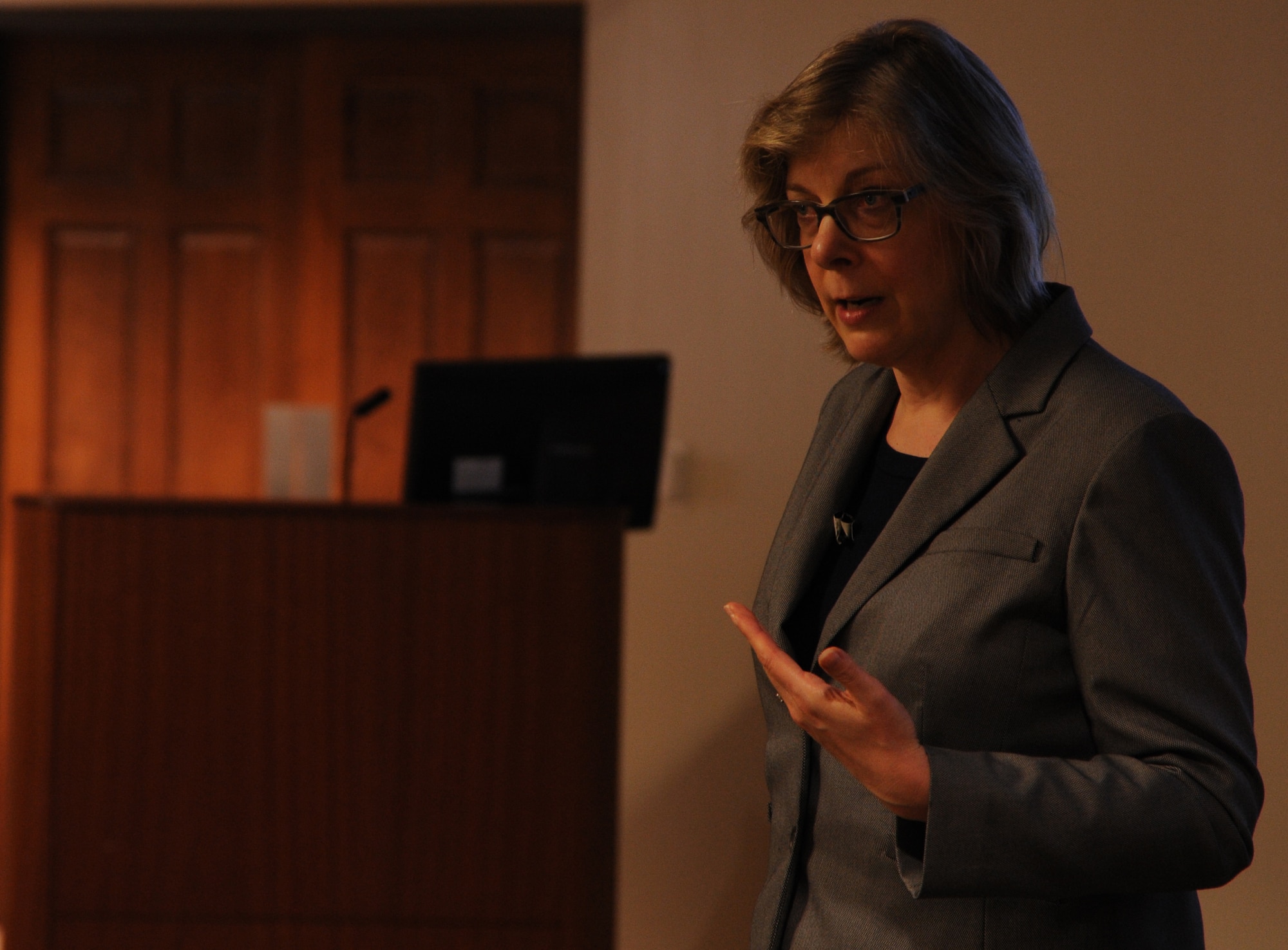 Dr. Kimberly Marten speaks to the Deterrence and Assurance Working Group (DAWG) 22 Aug. at Barksdale Air Force Base, La. The DAWG meets regularly to discuss current events and international affairs. (U.S. Air Force photo by Airman 1st Class Joseph Raatz)