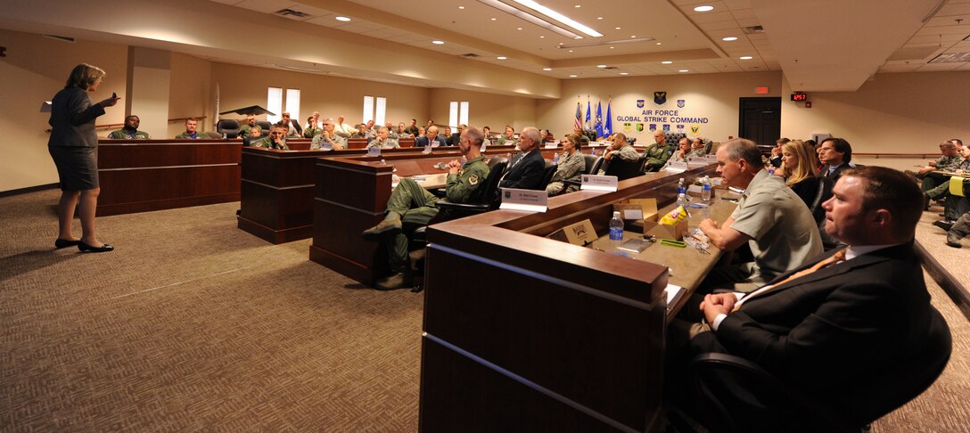 Dr. Kimberly Marten speaks to the Deterrence and Assurance Working Group (DAWG) 22 Aug. at Barksdale Air Force Base, La. The DAWG meets regularly to discuss current events and international affairs. (U.S. Air Force photo by Airman 1st Class Joseph Raatz)