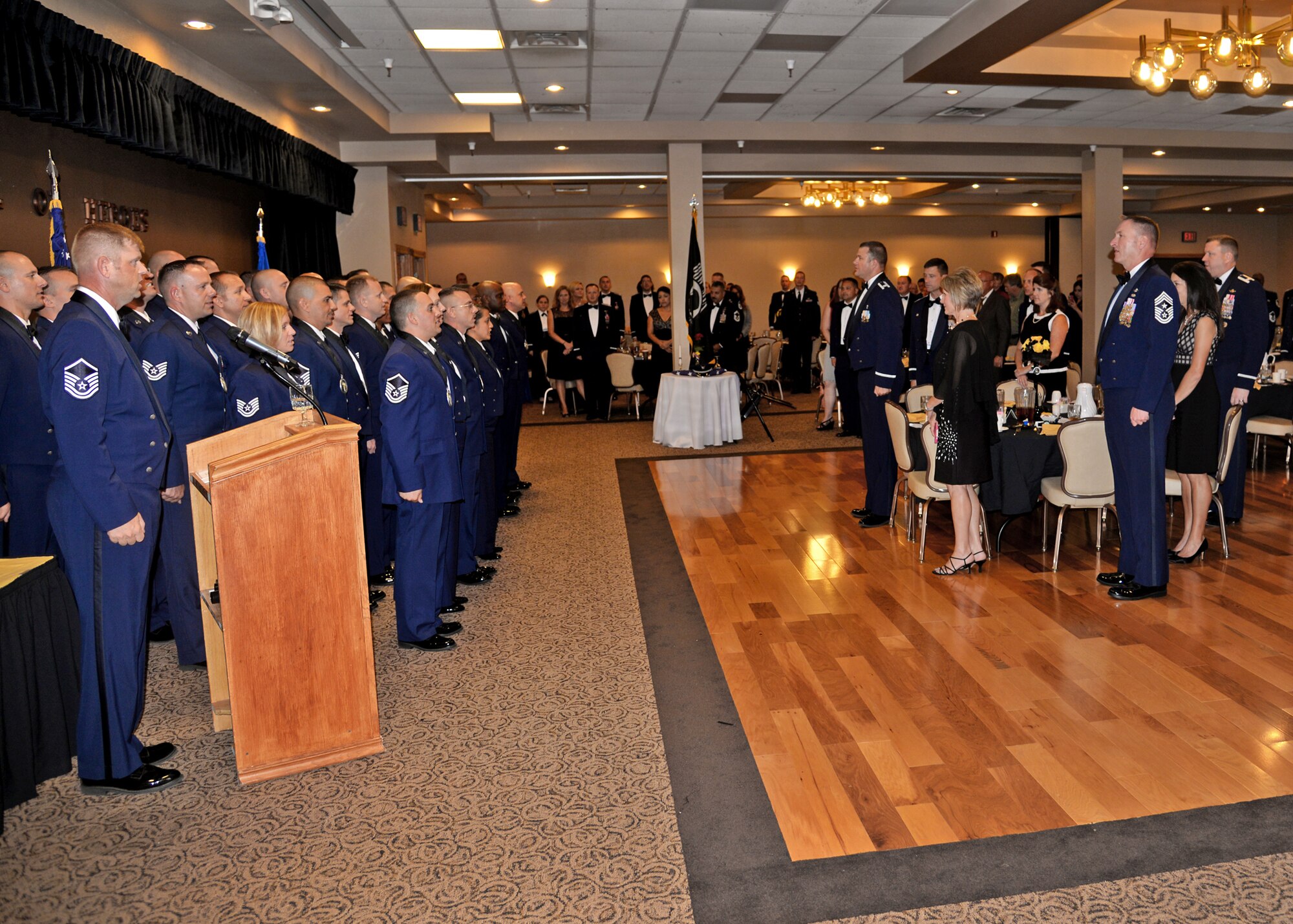 The Senior NCO Inductees shouted the Airmen’s Creed to conclude the SNCO Induction Ceremony Aug. 14 at the Landing Zone at Cannon Air Force Base, N.M. They were celebrated by leadership, their peers and their families. (U.S. Air Force photo/Airman 1st Class Chip Slack)