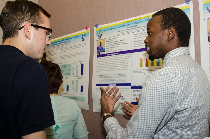 Keonte Turner, Thurgood Marshall College Fund intern at AFRL, discusses his project entitled "The Effect of Transcranial Direct Current Stimulation on Gene Expression in the Rat Cortex." (U.S. Air Force photo/Mikee Huber) 