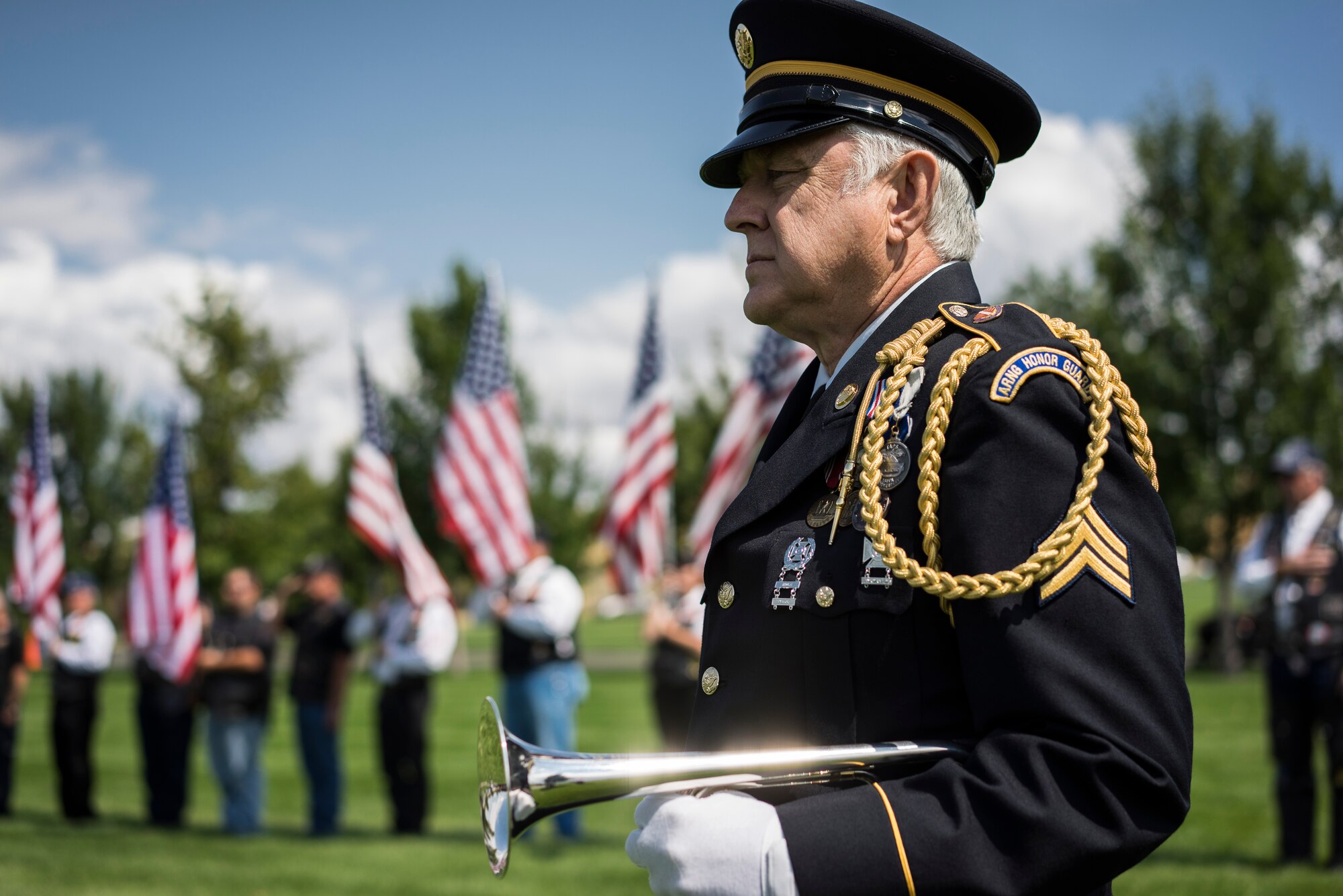 A bugler stands at attention during the interment of Col. (Ret.) Bernard Fisher at the Idaho State Veterans Cemetery August 25, 2014, in Boise, Idaho. Fisher, who was born in San Bernadino, Calif., on January 11, 1927, grew up in Clearfield, Utah, and first called Kuna, Idaho, home after his discharge from the U.S. Navy V-6 program in 1946. (U.S. Air Force photo by Tech. Sgt. Samuel Morse/RELEASED)