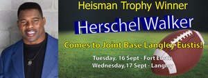 Heisman Trophy Winner and mental health advocate Herschel Walker will visit Joint Base Langley-Eustis Sept. 16 and 17. His visit will focus the importance of mental health, as well as fighting against the stigma of seeking help for mental health issues. (Courtesy graphic)