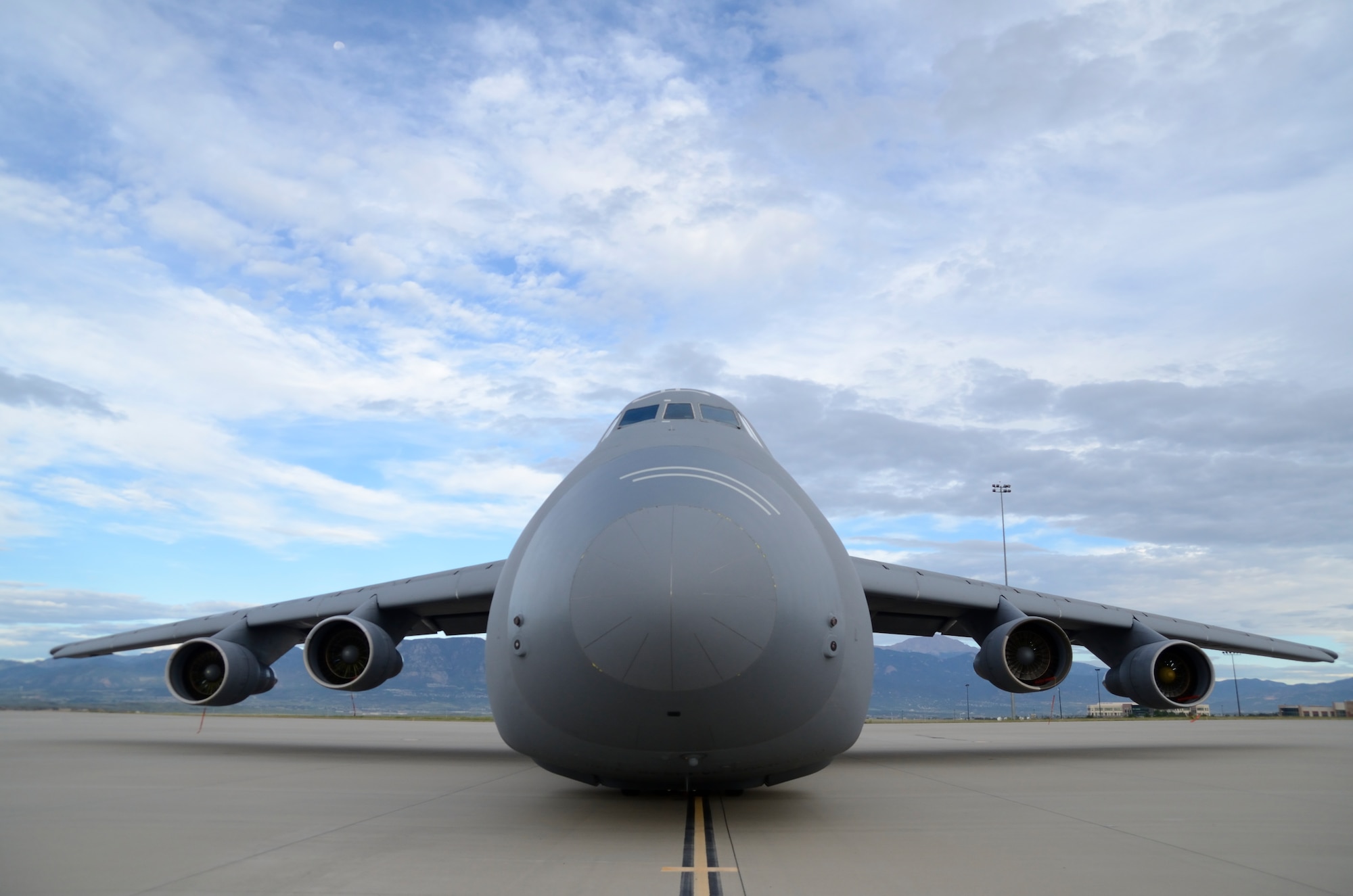 A Westover C-5 Galaxy sits on the tarmac in Colorado Springs, Colo. August 14, 2014. Forty-Seven Westover, Joint Base Charleston and March ARB Airmen came together to work hand-in-hand during "Patriot Express," a periodic Air Force Reserve Command air mobility exercise that took place in the heat of the summer in Colorado, Aug. 13-18. (U.S. Air Force photo/SrA. Alexander Brown)