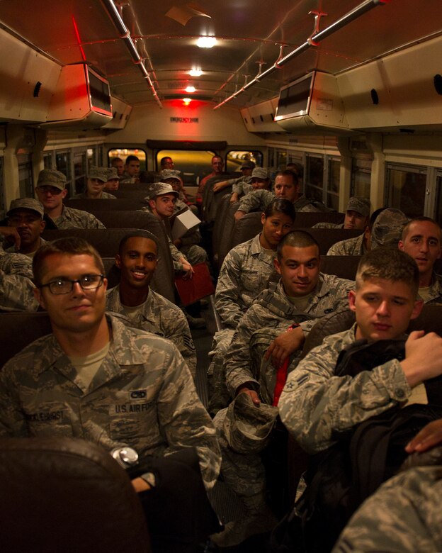 Team Tyndall Airmen are transported to the 325th Logistics Readiness Squadron during the installation’s first deployment/employment exercise Aug. 14 at Tyndall Air Force Base, Fla. The exercise tested the capabilities of the new combat-coded 95th Fighter Squadron. It’s also the first exercise here under the new Air Force Inspection System. (U.S. Air Force photo by Airman 1st Class Alex Echols)