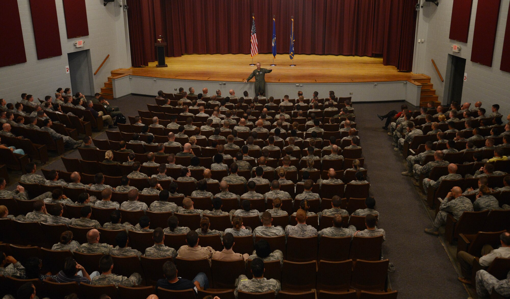 U.S. Air Force Gen. Mike Hostage, commander of Air Combat Command answers Airmen’s questions during an all-call at Shaw Air Force Base, S.C., Aug. 20, 2014. (U.S. Air Force photo by Senior Airman Tabatha Zarrella/Released)