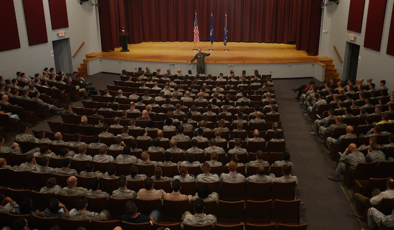 U.S. Air Force Gen. Mike Hostage, commander of Air Combat Command answers Airmen’s questions during an all-call at Shaw Air Force Base, S.C., Aug. 20, 2014. (U.S. Air Force photo by Senior Airman Tabatha Zarrella/Released)