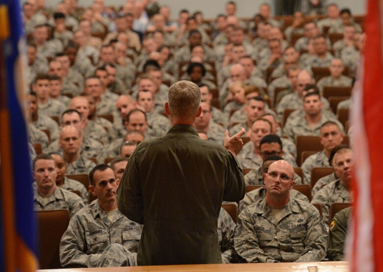 U.S. Air Force Gen. Mike Hostage, commander of Air Combat Command, speaks with members of Team Shaw during an all-call at Shaw Air Force Base, S.C., Aug. 20, 2014. Hostage opened the floor for questions so Airmen could express their concerns. (U.S. Air Force photo by Senior Airman Tabatha Zarrella/Released)