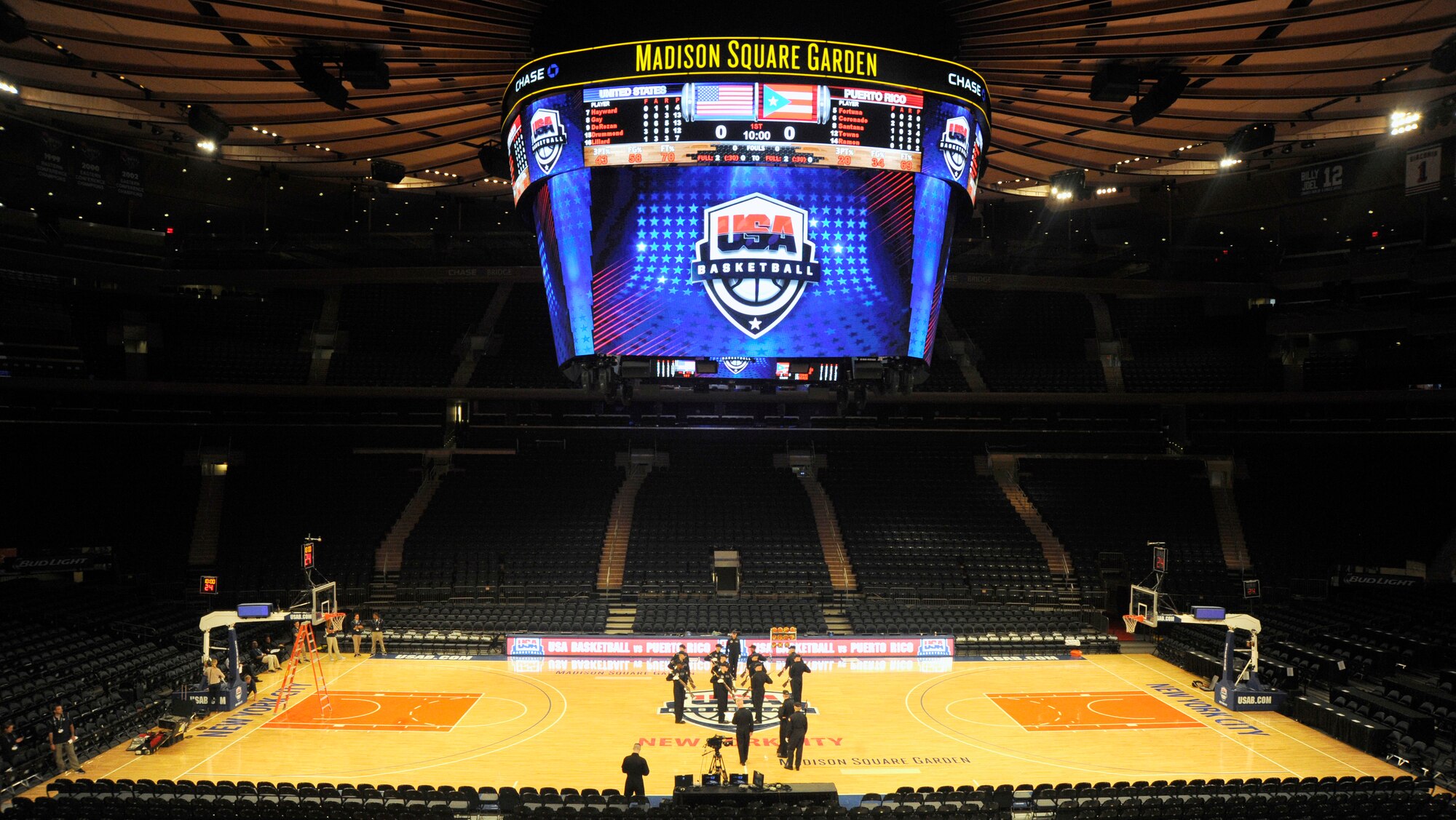 The United States Air Force Honor Guard Drill Team prepares to perform at Madison Square Garden, New York, August 22, 2014. The Drill Team promotes the Air Force mission by showcasing drill performances at public and military venues to recruit, retain and inspire Airmen. (U.S. Air Force photo/Airman 1st Class Ryan J. Sonnier)