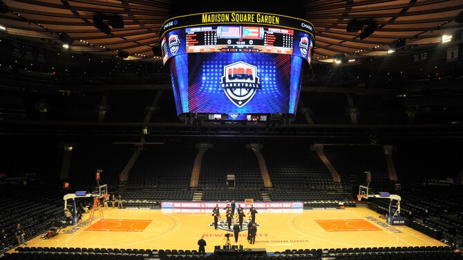 The United States Air Force Honor Guard Drill Team prepares to perform at Madison Square Garden, New York, August 22, 2014. The Drill Team promotes the Air Force mission by showcasing drill performances at public and military venues to recruit, retain and inspire Airmen. (U.S. Air Force photo/Airman 1st Class Ryan J. Sonnier)