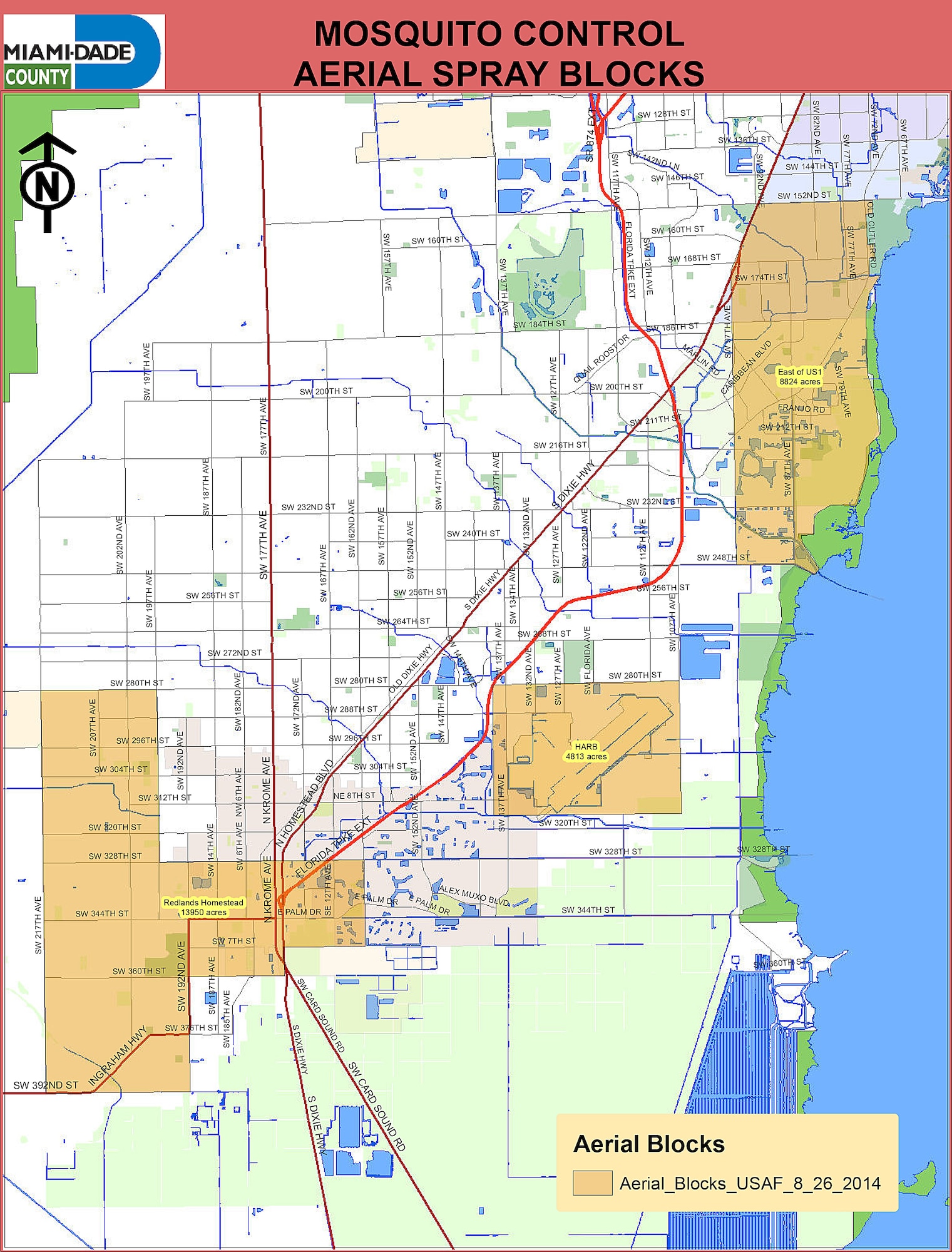 An aerial mosquito abatement program will take place in various areas across Southern Miami-Dade County Aug. 26-29. Some residents may remember seeing the large, specially equipped C-130H cargo aircraft spraying in July. The cargo aircraft has returned to spray because County Mosquito Control has determined mosquito numbers around Homestead Air Reserve Base and surrounding communities have reached significant levels. The shaded areas are scheduled to be sprayed.  (Miami-Dade County graphic)
