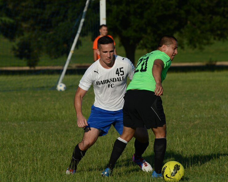 2nd Lt. Anthony D’Errico, 608th Air Operations Center executive officer, defends his goal during soccer practice at Louisiana State University Shreveport on Aug. 14, 2014. D’Errico was recently selected to attend the Air Force World Class Athlete Program where he will train and perfect his skills and have a chance to be chosen for the Air Force Olympic team. (U.S. Air Force photo/Senior Airman Benjamin Gonsier)