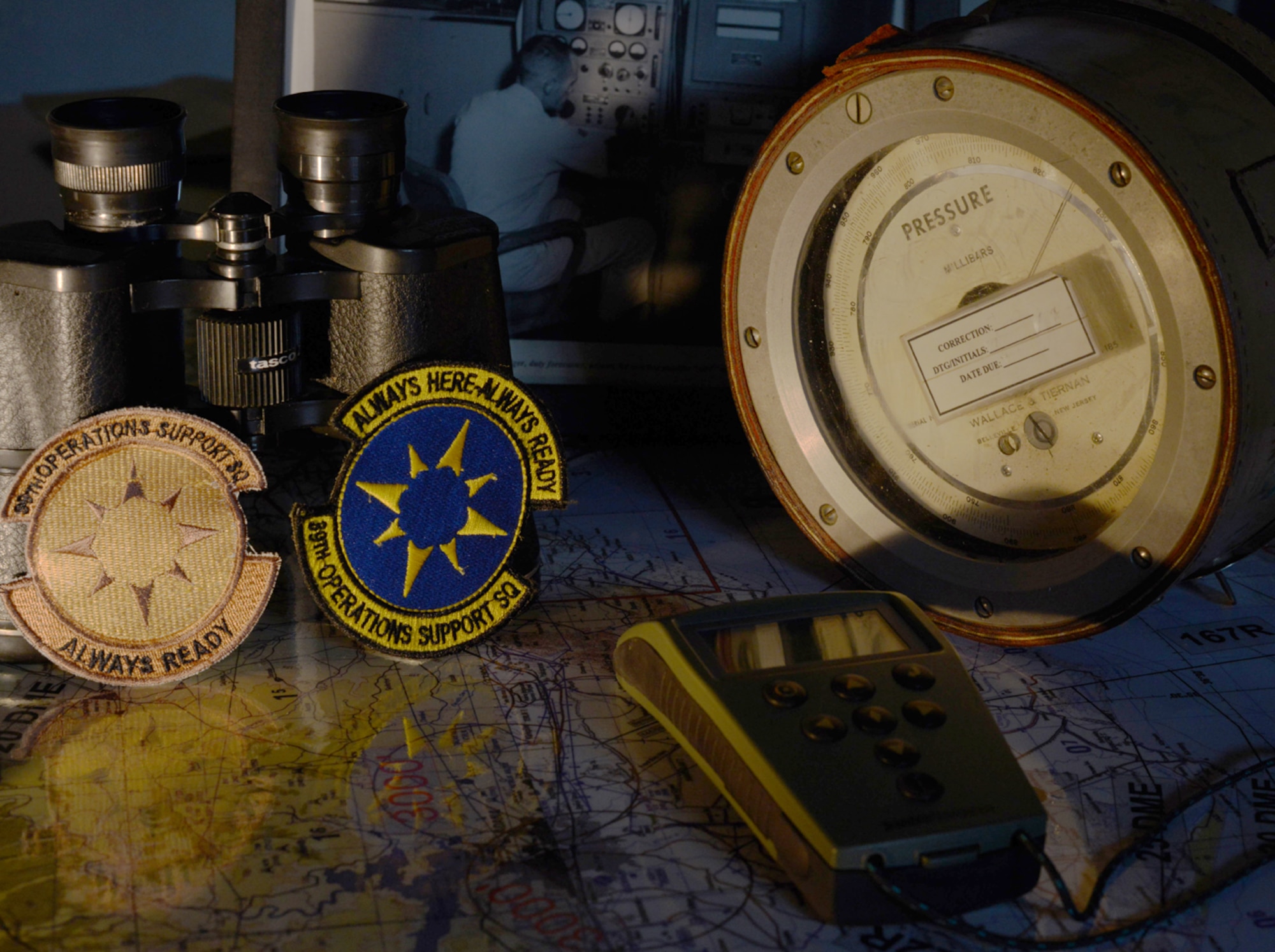 39th Operation Support Squadron patches from past and present sit among other historic pieces of the 39th OSS. The 39th OSS was originally an airdrome during WWII in Pratt, Kansas. (U.S. Air Force photo by Staff Sgt. Eboni Reams/Released)