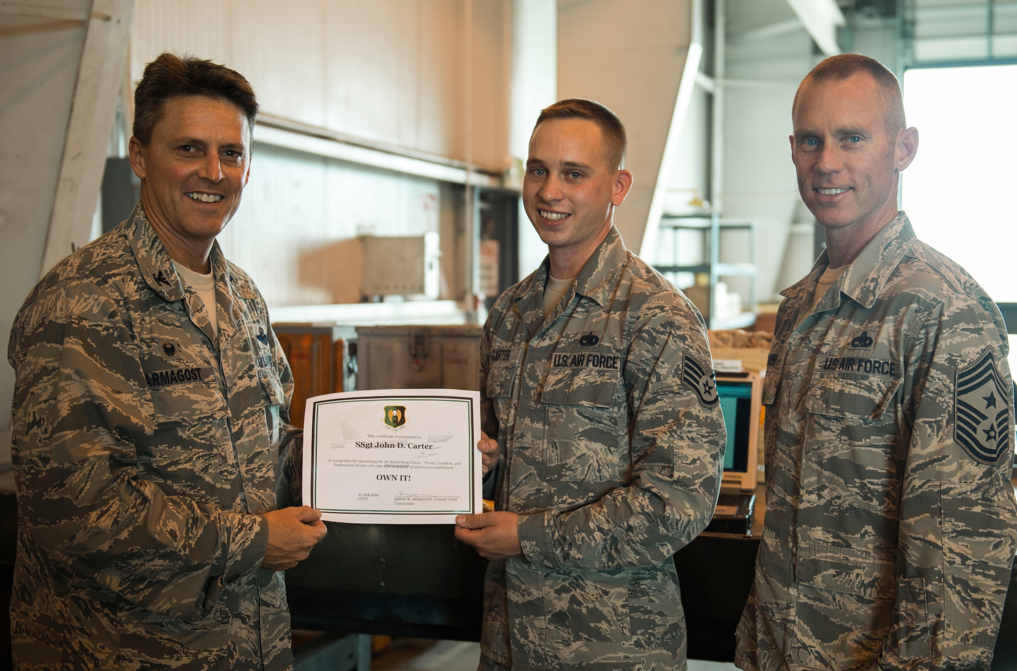 Staff Sgt. John Carter has epitomized the 5th Bomb Wing commander's vision of mission ownership with focused and disciplined maintenance practices while performing surveillance inspections on the wing's $144 million munitions stockpile. As a certified munitions inspector his job is to determine identity, serviceability, reliability and identify potential hazards which could cause harm to personnel and/or equipment. For the month of June, Carter clearly demonstrated mission commitment as he completed 19 munitions inspections on 5,803 munitions items worth $347,853. His meticulous work ethic ensured unserviceable munitions were safe for shipment and that only safe, reliable munitions were issued to numerous wing agencies. Furthermore, Carter's inspection knowledge and strict maintenance discipline was instrumental in assisting the senior munitions inspector in the training of two upcoming inspectors. Finally, Carter's experience played a pivotal role in the inspection of explosive water gel when the K-9 scent training aids were discovered to be leaking the explosive substance. Using technical guidance, he promptly remedied the situation, rendering the explosives safe for transportation. Carter clearly embodies the 5th Bomb Wing and 91st Missile Wing missions by providing safe and reliable munitions to all agencies and embracing the "Own It" mindset. (U.S. Air Force photos/Airman 1st Class Sahara L. Fales)
