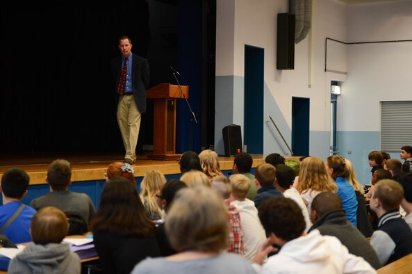Gregory Bull, the Spangdahlem Middle School principal and native of Sumter, S.C., welcomes the students to their first day of school at Spangdahlem Air Base, Germany, Aug. 25, 2014. Bull held an assembly to welcome students and share his expectations for the school year. (U.S. Air Force photo by Airman 1st Class Kyle Gese/Released)