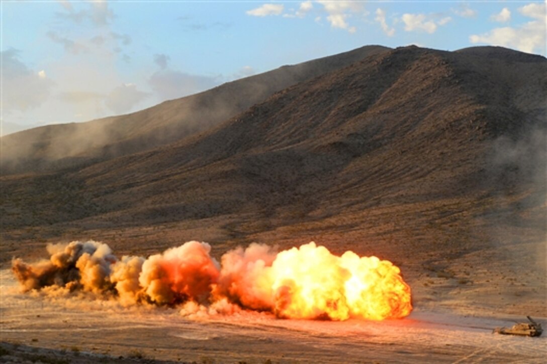 Soldiers detonate a mine-clearing line charge during Decisive Action Rotation 14 on the National Training Center in Fort Irwin, Calif., Aug. 10, 2014. The soldiers are assigned to the 3rd Infantry Division's 1st Armored Brigade Combat Team. 