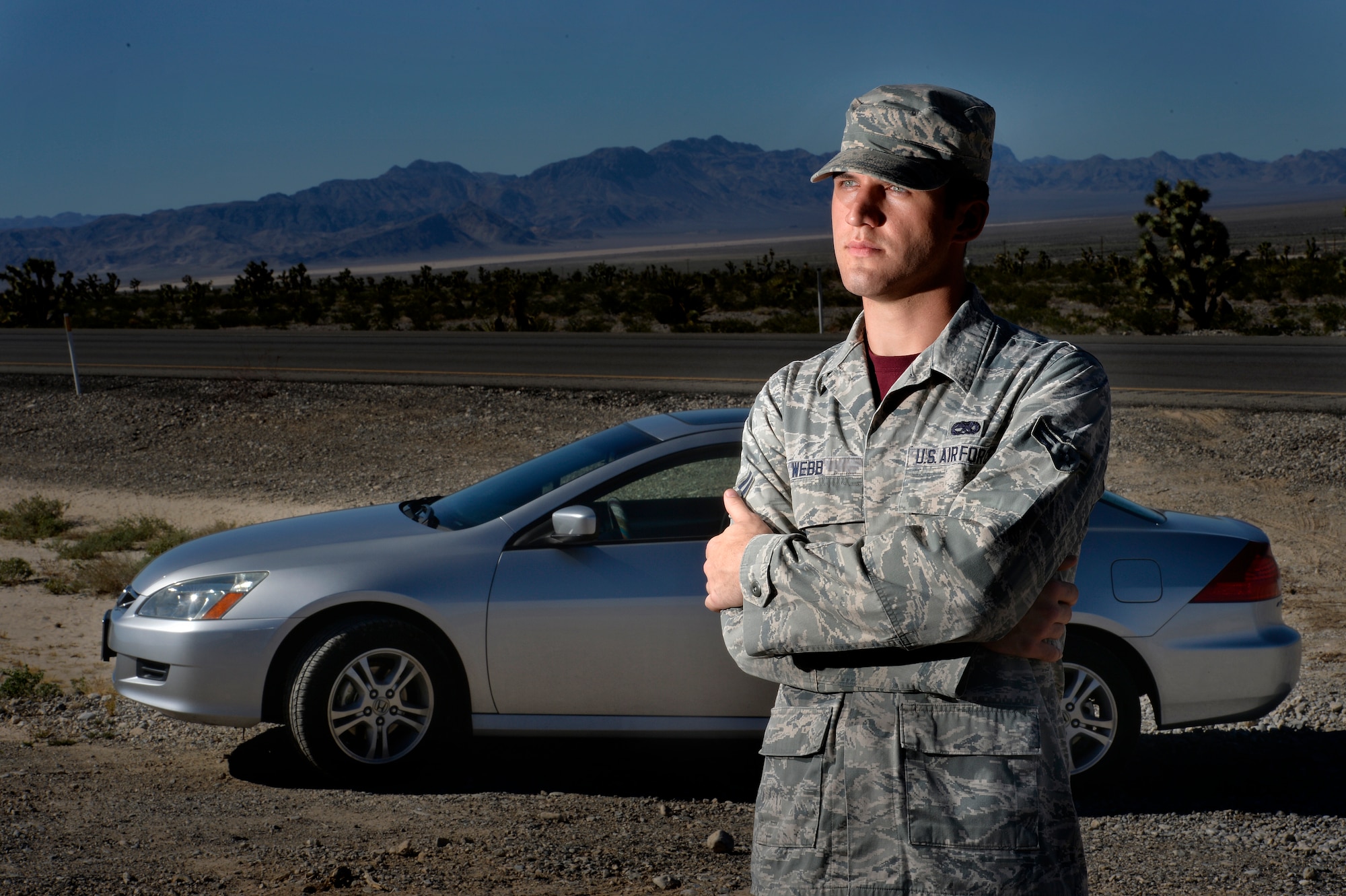 Airman 1st Class Tyler Webb talked about the day he helped save an elderly couple during a flash flood outside of Las Vegas. Webb, who lost his own vehicle during the flood, was recognized for his heroic acts and received donations from the local and national community to finance a replacement vehicle. Webb is an MQ-9 Reaper avionics specialist with the 432nd Maintenance Group. (U.S. Air Force photo/Tech. Sgt. Nadine Barclay)
